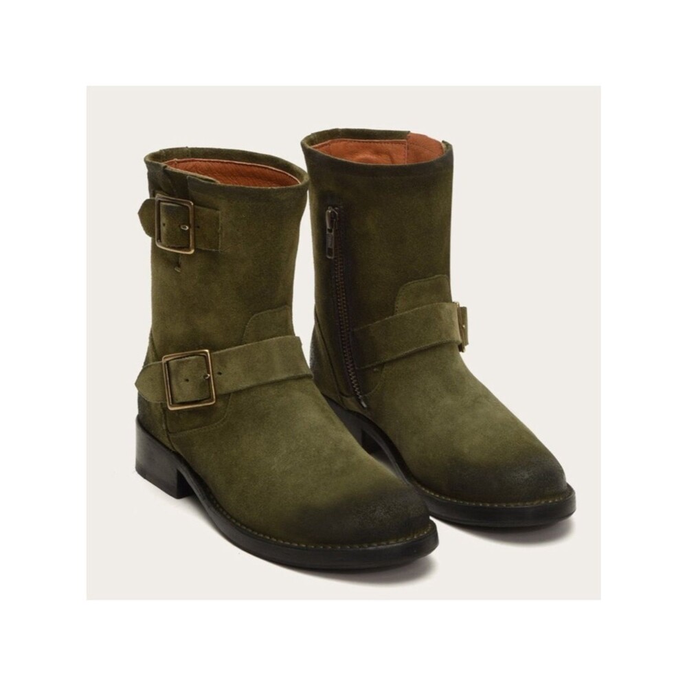 Frye Olive Green Suede Buckle Mid-Calf Vicky Engineer Combat Moto Boots Size 7
